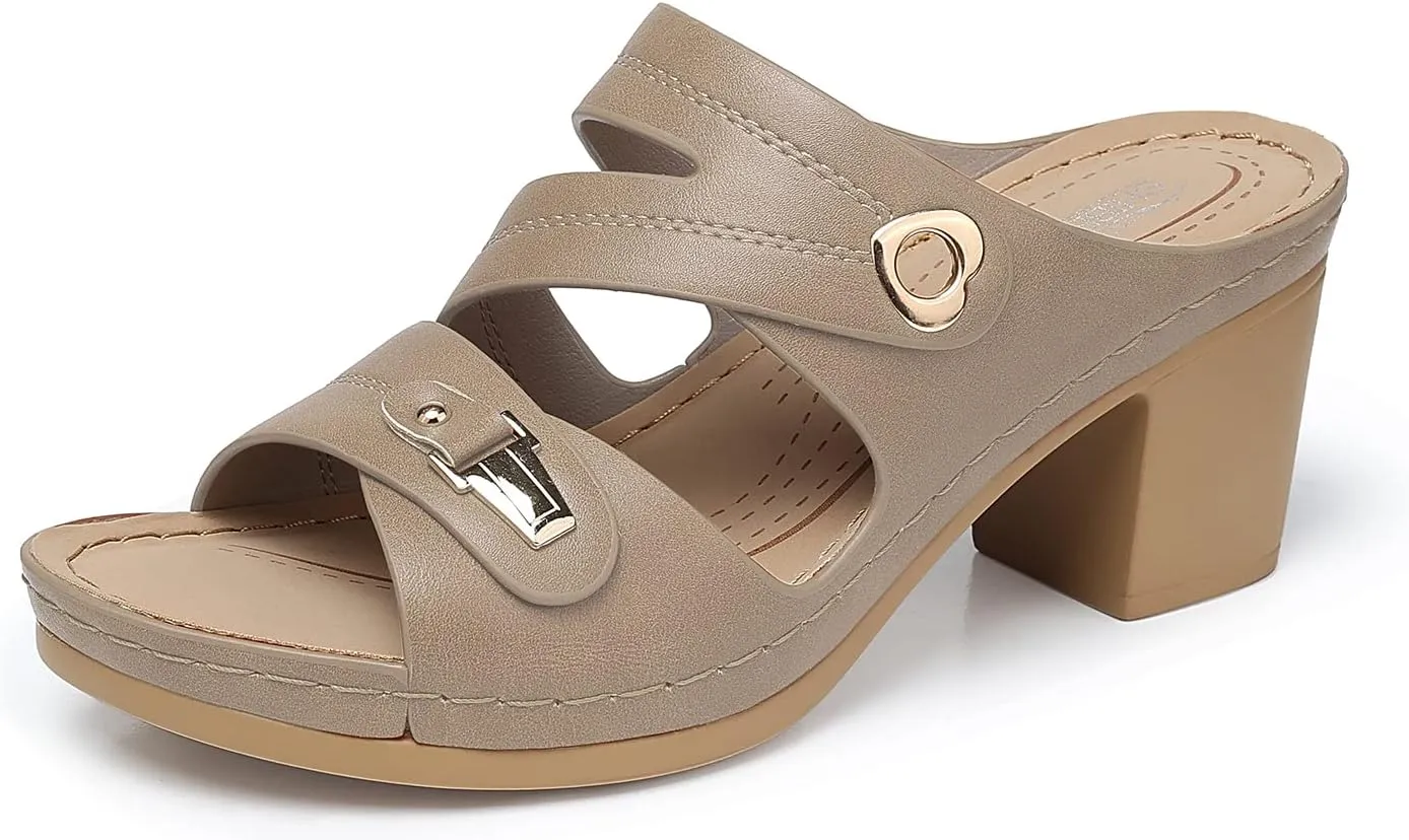 SHIBEVER Women's Summer Sandals, Low Wedge Block Heels, Comfortable PU Leather, Slip-On, Open Toe, Dressy & Casual