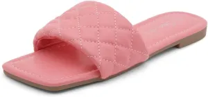 Shoe Land Anisha Women's Flat Sandals, Fashion Slides with Square Open Toe, Quilted Single Band Dressy Sandals, Slip-On Slippers for Summer, Daily Wear, Prom, and Party