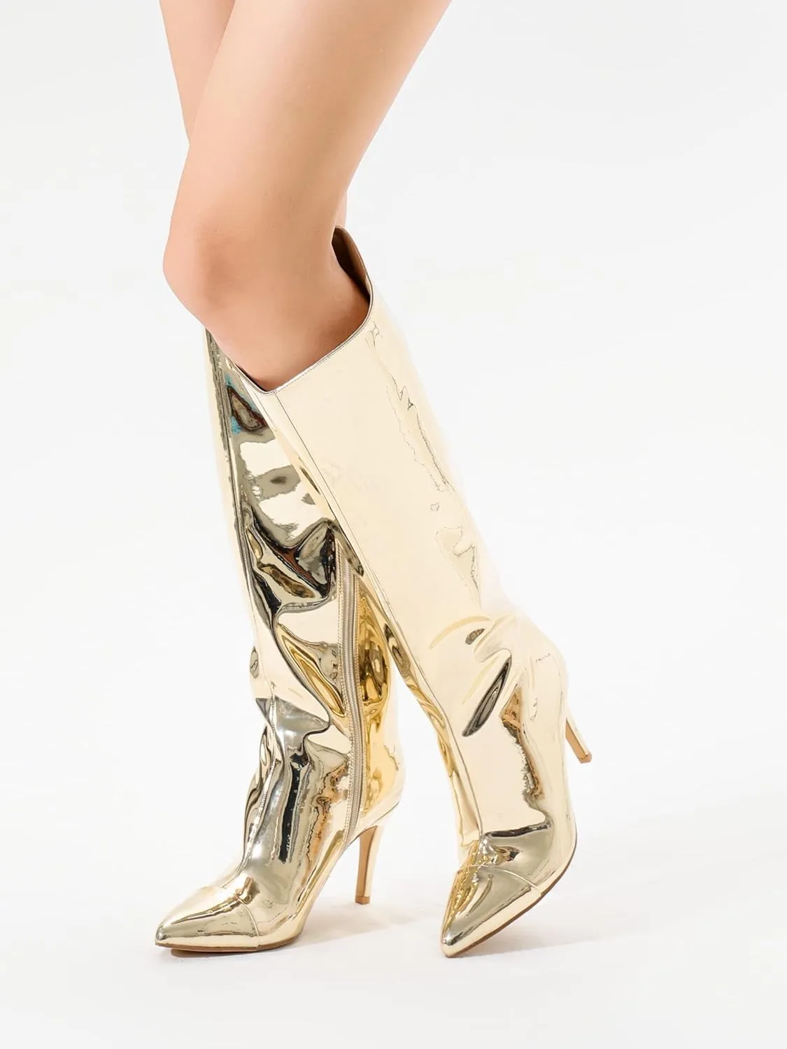 Shoe'N Tale Women's Knee High Boots Pointed Toe Stiletto High Heel Metallic Party Dressy Slip-on Booties Shoes