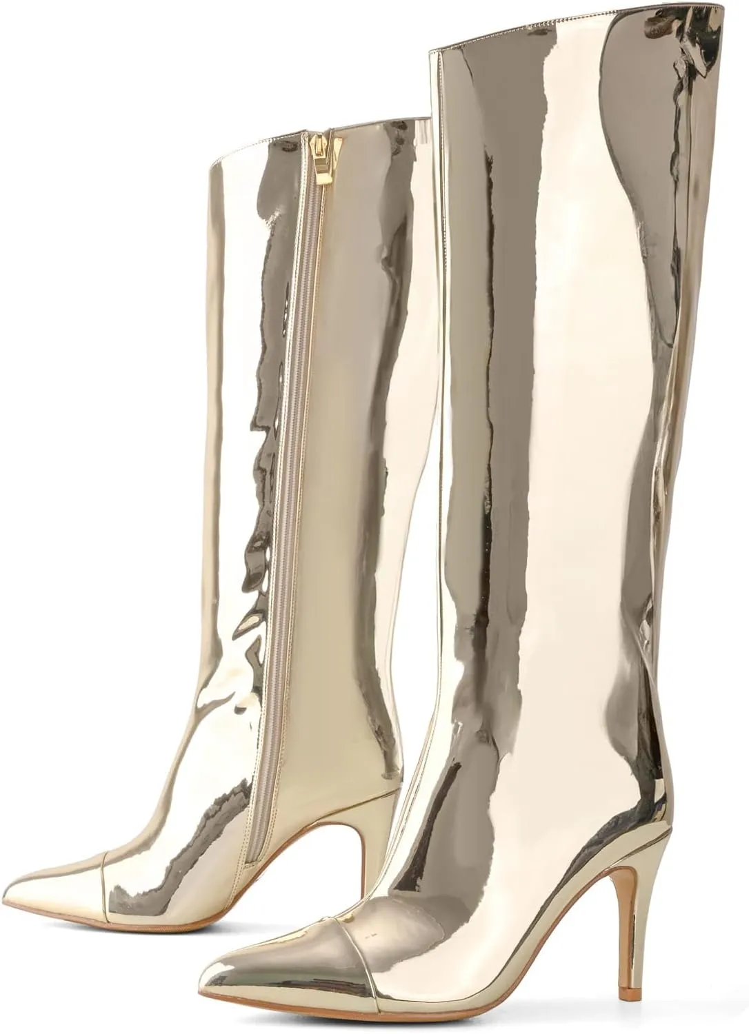 Shoe'N Tale Women's Knee High Boots Pointed Toe Stiletto High Heel Metallic Party Dressy Slip-on Booties Shoes