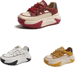 SOLPNOW Women's Leather Breathable Hollow Casual Sneakers,Lace Up Non-Slip Shock Absorbing Heighten Running Sneakers