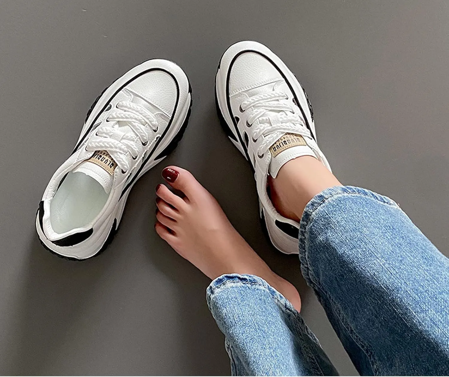 SOLPNOW Women's Leather Breathable Hollow Casual Sneakers,Lace Up Non-Slip Shock Absorbing Heighten Running Sneakers