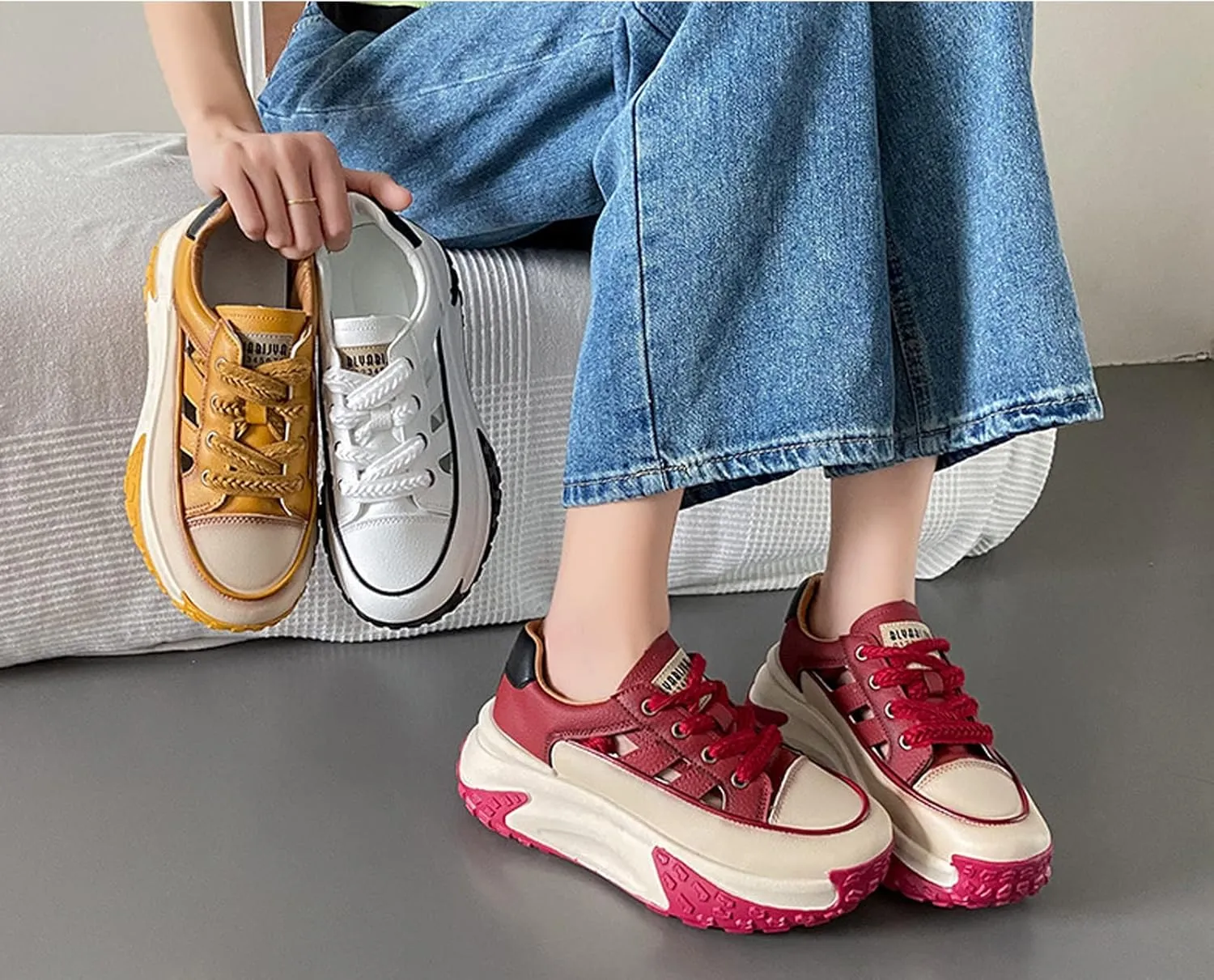 SOLPNOW Women's Leather Breathable Hollow Casual Sneakers,Lace Up Non-Slip Shock Absorbing Heighten Running Sneakers