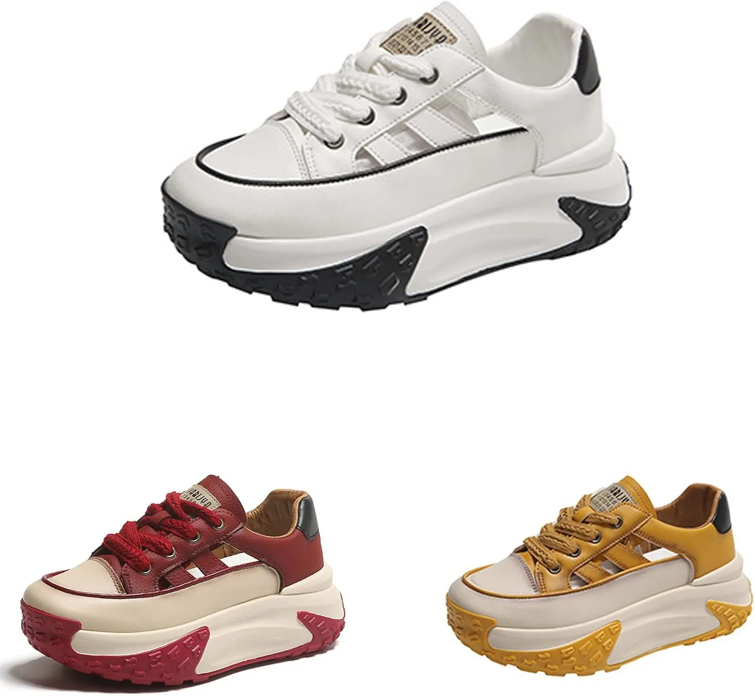 SOLPNOW Women's Leather Breathable Hollow Casual Sneakers,Lace Up Non-Slip Shock Absorbing Heighten Running Sneakers