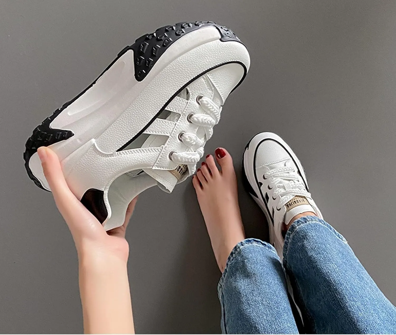 SOLPNOW Women's Leather Breathable Hollow Casual Sneakers,Lace Up Non-Slip Shock Absorbing Heighten Running Sneakers