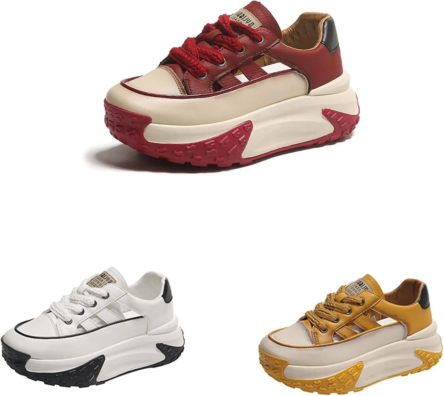 SOLPNOW Women's Leather Breathable Hollow Casual Sneakers,Lace Up Non-Slip Shock Absorbing Heighten Running Sneakers