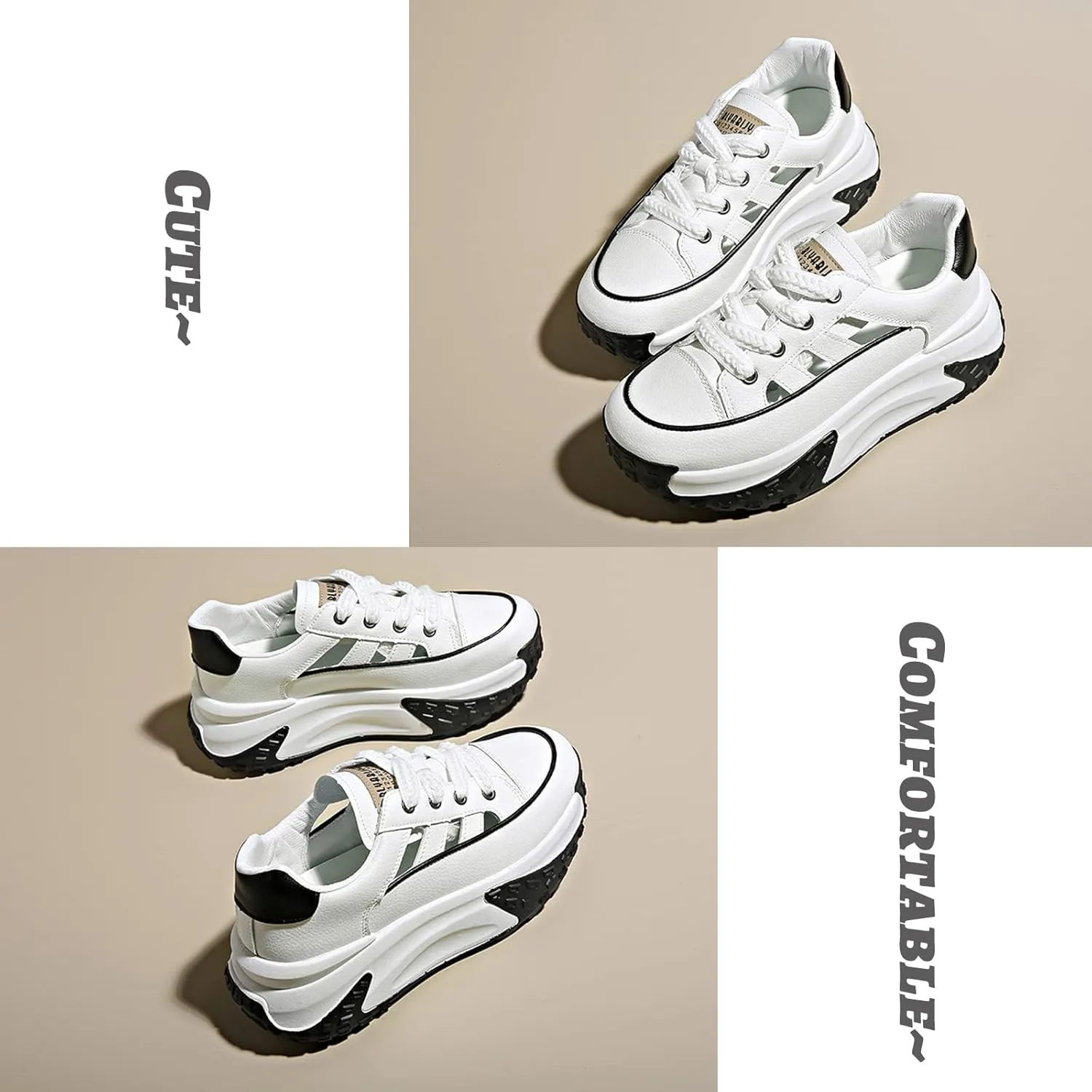 SOLPNOW Women's Leather Breathable Hollow Casual Sneakers,Lace Up Non-Slip Shock Absorbing Heighten Running Sneakers