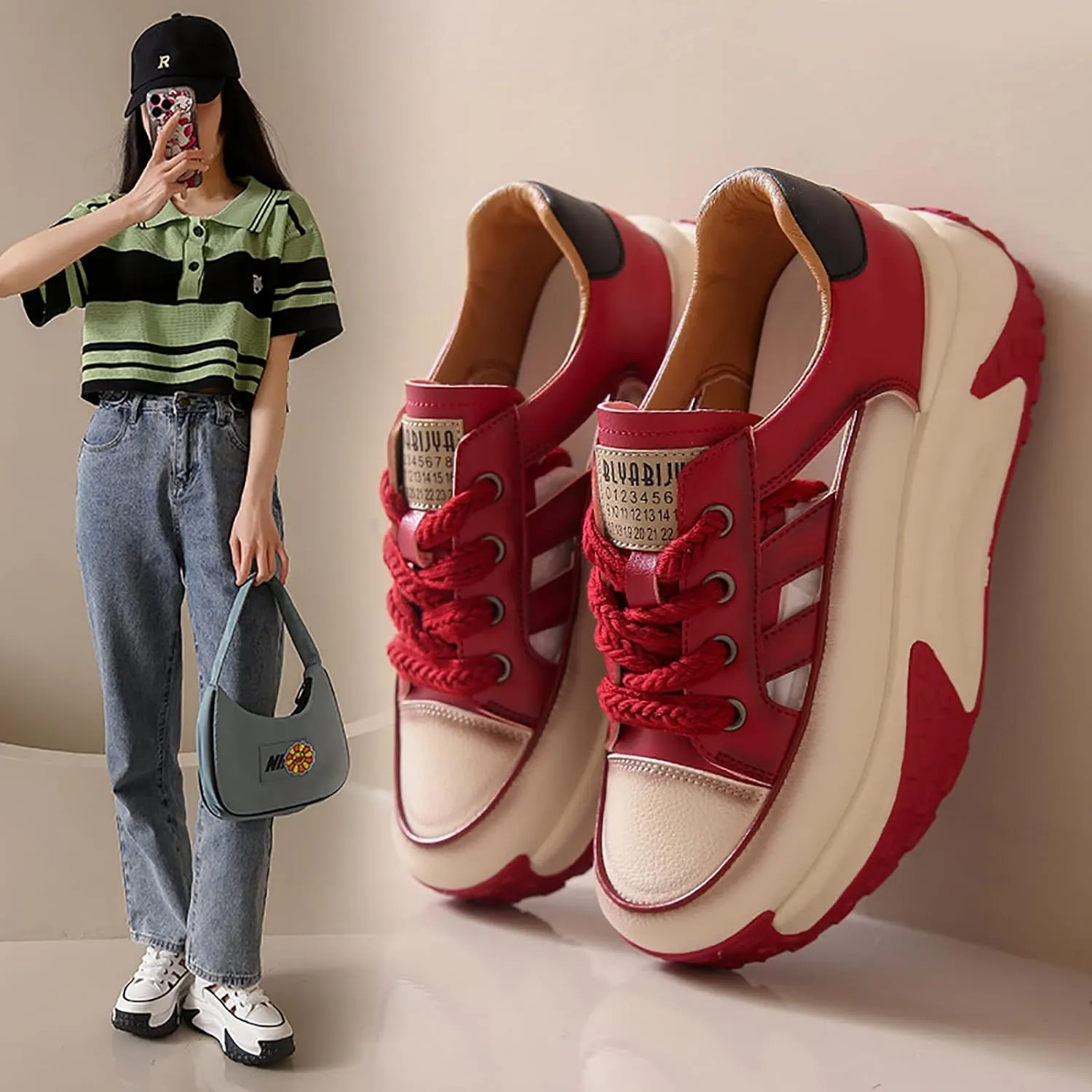 SOLPNOW Women's Leather Breathable Hollow Casual Sneakers,Lace Up Non-Slip Shock Absorbing Heighten Running Sneakers