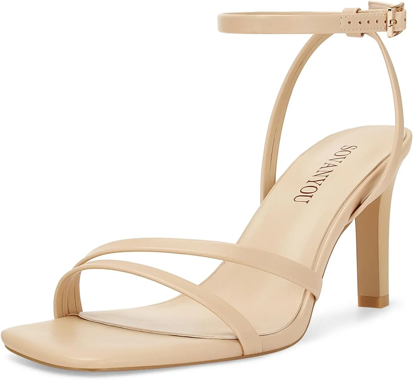 SOVANYOU Heeled Sandals for Women Dressy Square Open Toe Strappy High Heels with Ankle Strap for Wedding Party Daily Wear