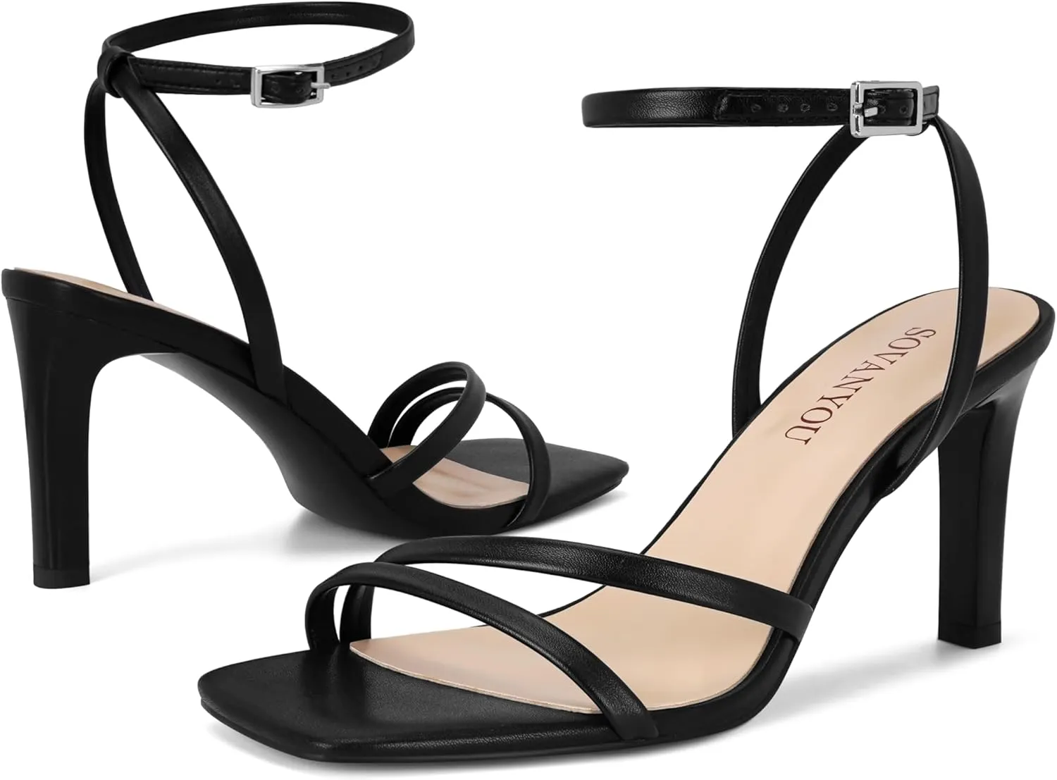 SOVANYOU Heeled Sandals for Women Dressy Square Open Toe Strappy High Heels with Ankle Strap for Wedding Party Daily Wear
