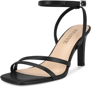 SOVANYOU Heeled Sandals for Women Dressy Square Open Toe Strappy High Heels with Ankle Strap for Wedding Party Daily Wear