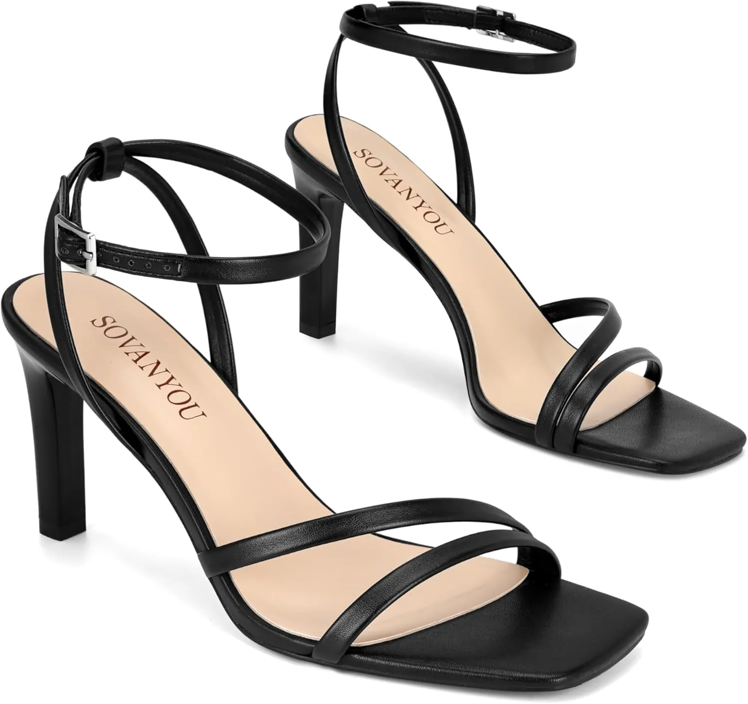SOVANYOU Heeled Sandals for Women Dressy Square Open Toe Strappy High Heels with Ankle Strap for Wedding Party Daily Wear