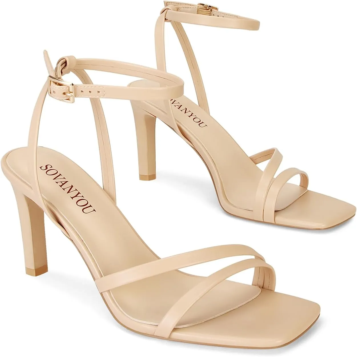 SOVANYOU Heeled Sandals for Women Dressy Square Open Toe Strappy High Heels with Ankle Strap for Wedding Party Daily Wear