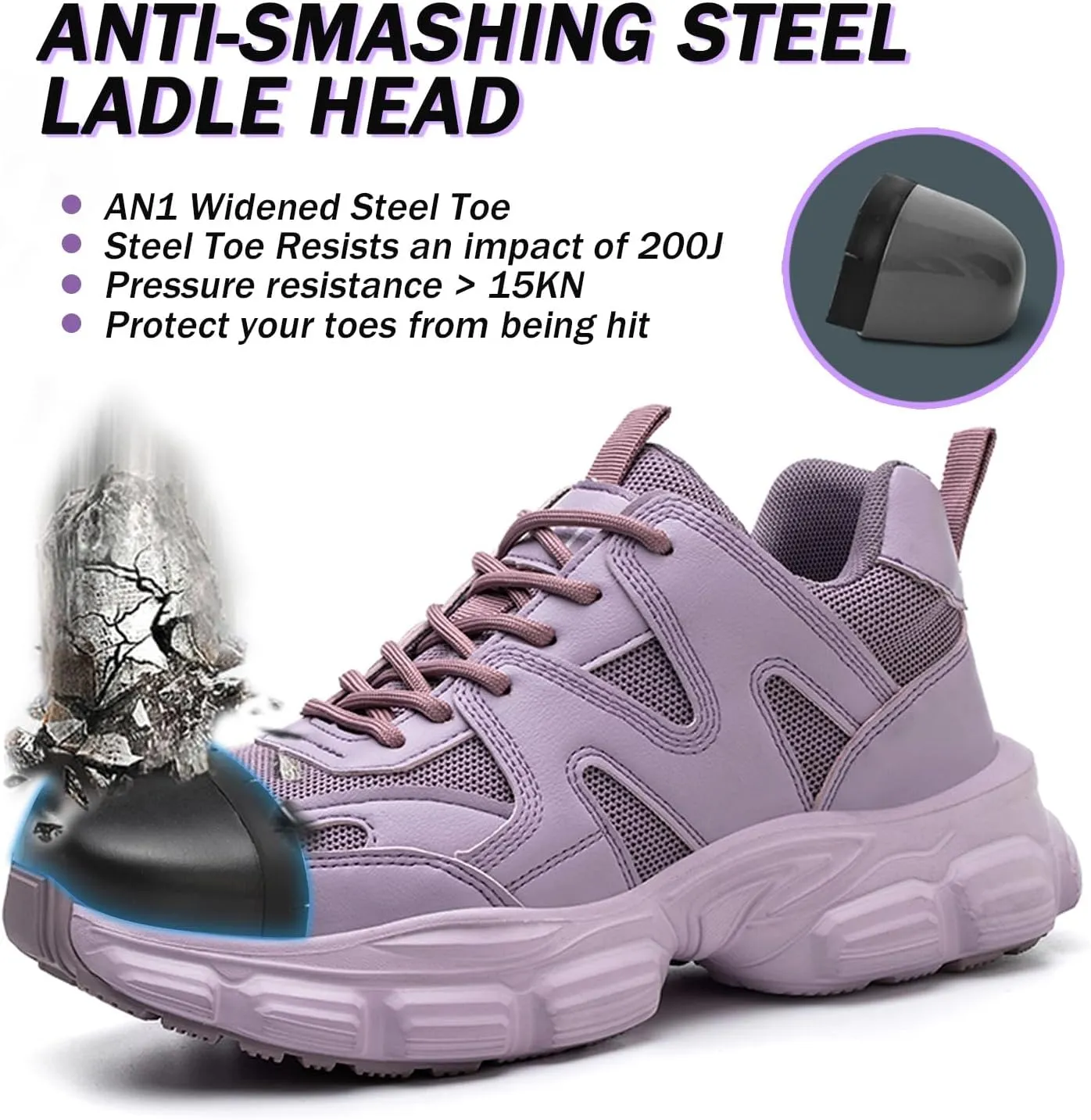 Steel Toe Shoes Women Safety Shoes Lightweight Comfortable Non Slip Thickened Sole Puncture Proof Steel Toe Sneakers Women Size 5.5-10