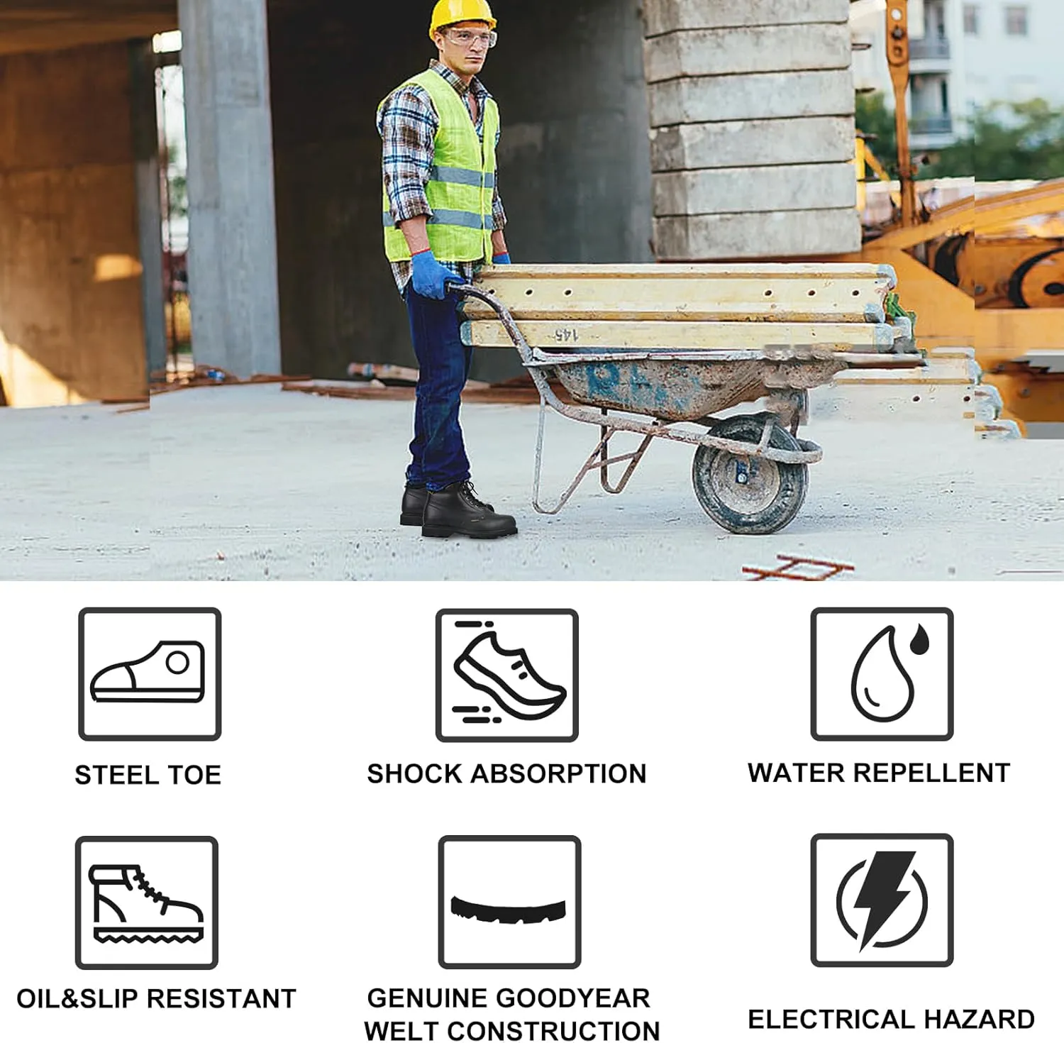 Steel Toe Work Safety Boots for Men, Comfortable Wide Work Shoes Durable Leather Non-Slip Oil-Resistant Lightweight Rubber Sole Construction Industrial Electrician Work Boots