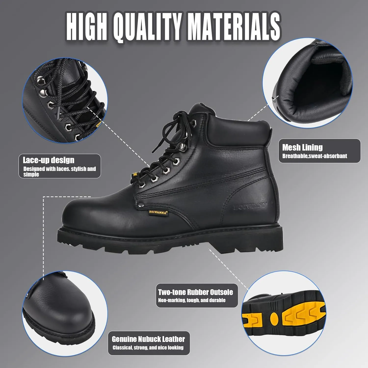 Steel Toe Work Safety Boots for Men, Comfortable Wide Work Shoes Durable Leather Non-Slip Oil-Resistant Lightweight Rubber Sole Construction Industrial Electrician Work Boots