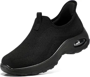 STQ Walking Shoes Women Slip On Sneakers Air Cushion Comfortable Breathable Lightweight Mesh Shoes Shock Absorbing Design Ideal for Plantar Fasciitis All Day Standing All Black 8 US