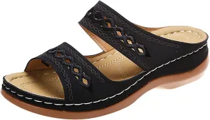 Summer Sandals for Women 2025 Arch Support Orthopedic Sandals Embroidered Vintage Slip On Flip Flops Anti-Slip Breathable Walking Slippers Flat Comfortable Wedge Sandal