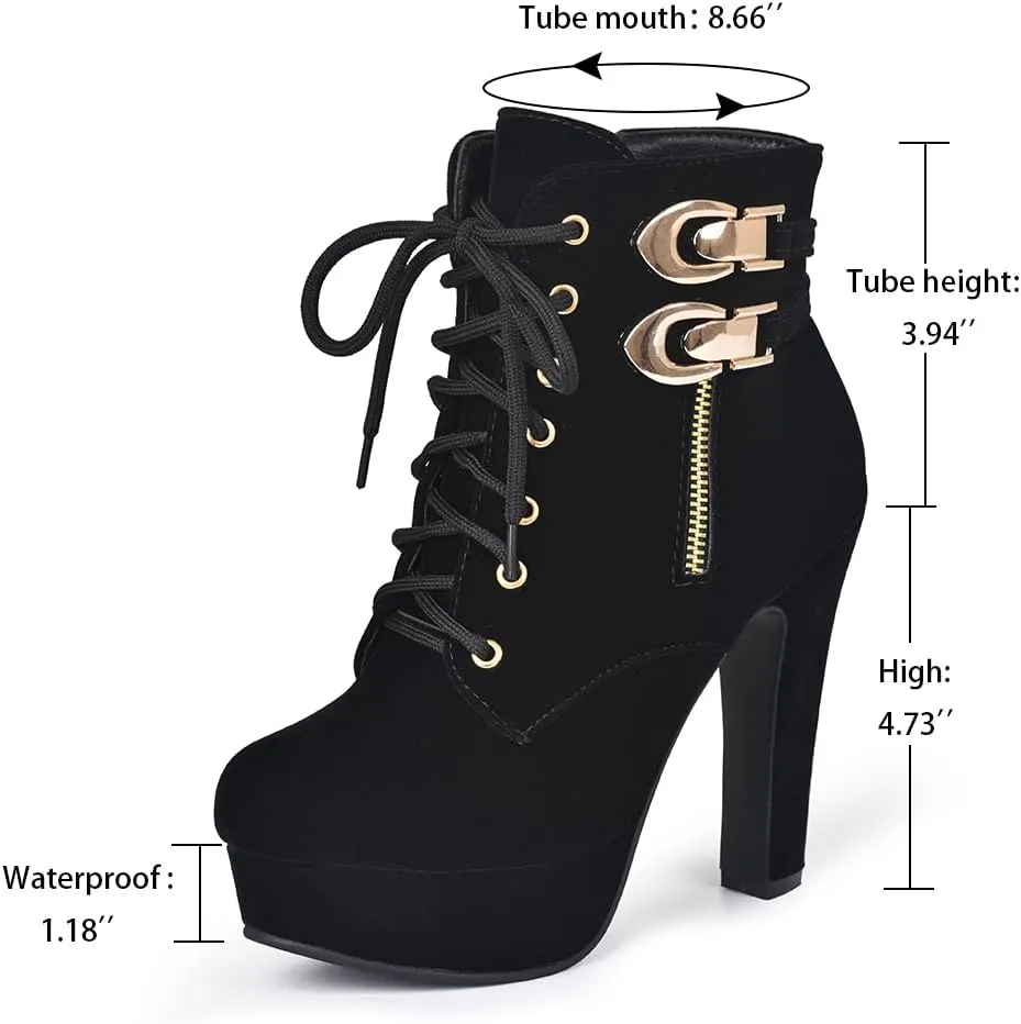Susanny High Heel Boots for Women,Womens Platform Boot Heels Sexy Round Toe Lace UP High Heels Mid Calf Boots