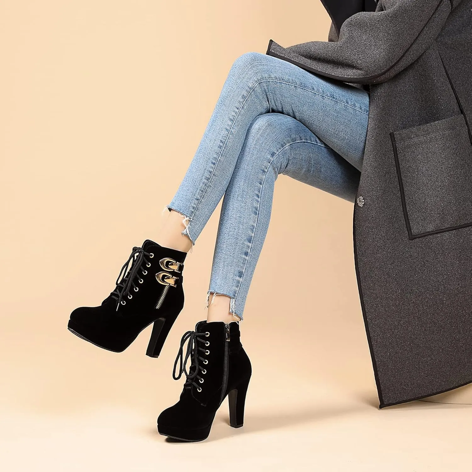 Susanny High Heel Boots for Women,Womens Platform Boot Heels Sexy Round Toe Lace UP High Heels Mid Calf Boots