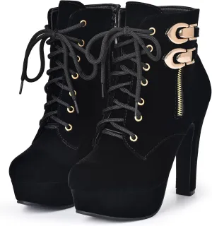 Susanny High Heel Boots for Women,Womens Platform Boot Heels Sexy Round Toe Lace UP High Heels Mid Calf Boots
