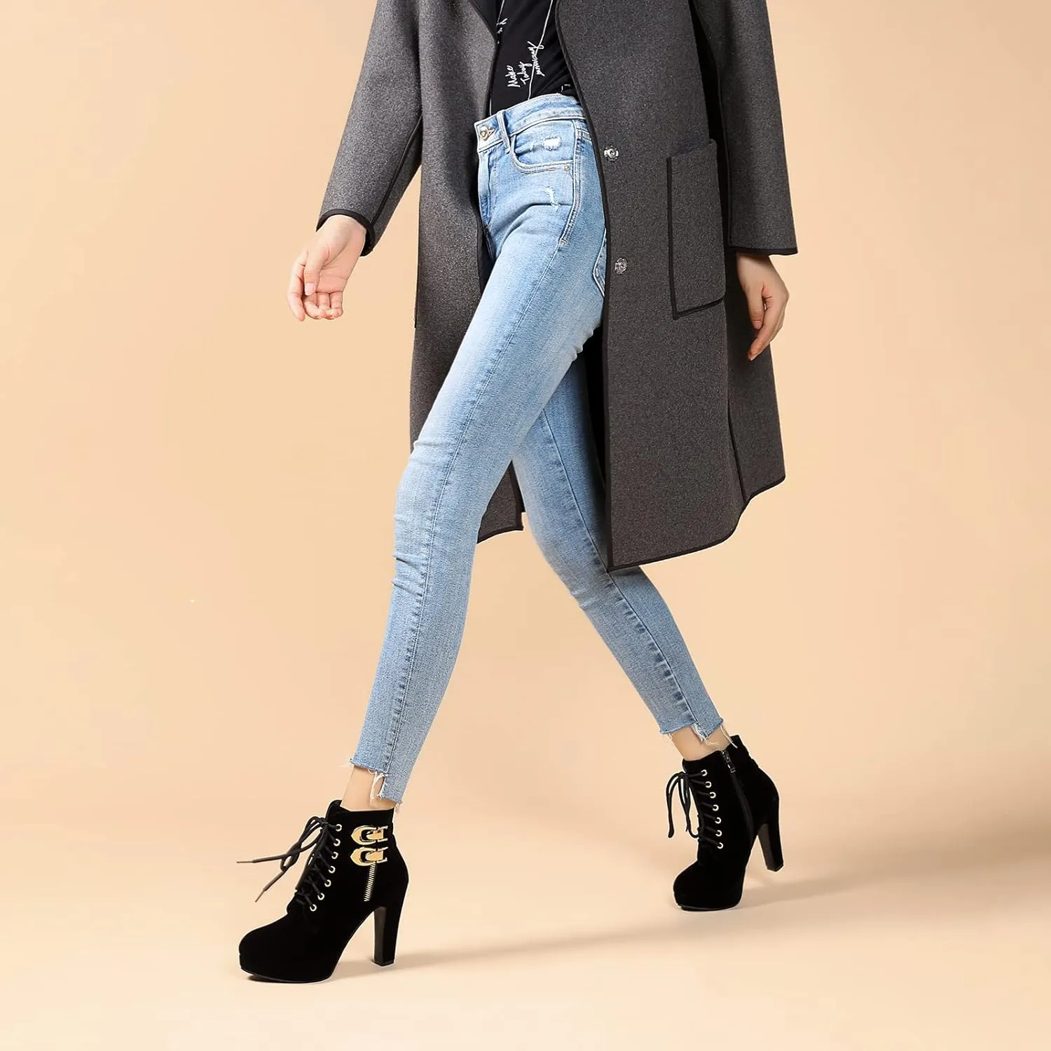 Susanny High Heel Boots for Women,Womens Platform Boot Heels Sexy Round Toe Lace UP High Heels Mid Calf Boots