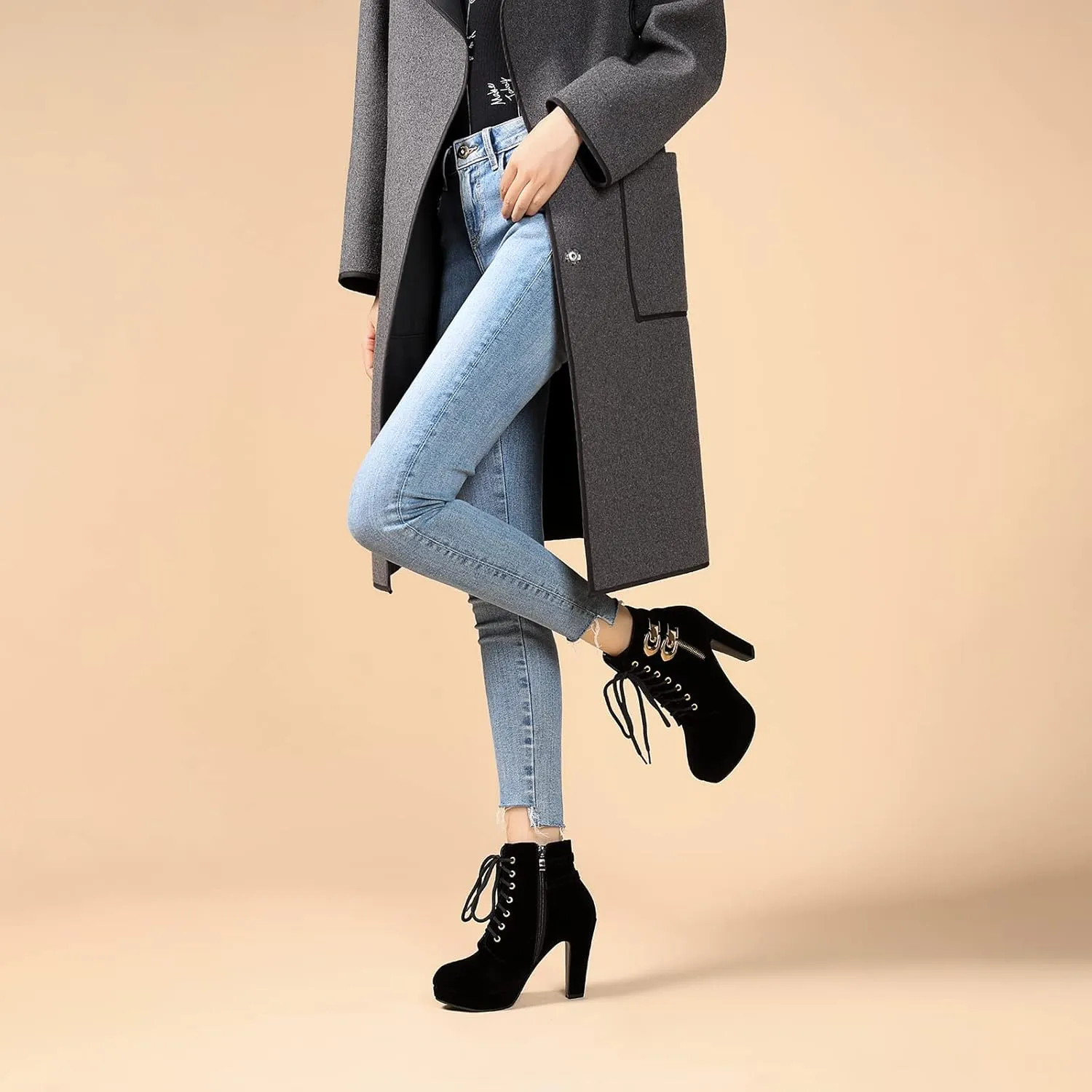Susanny High Heel Boots for Women,Womens Platform Boot Heels Sexy Round Toe Lace UP High Heels Mid Calf Boots