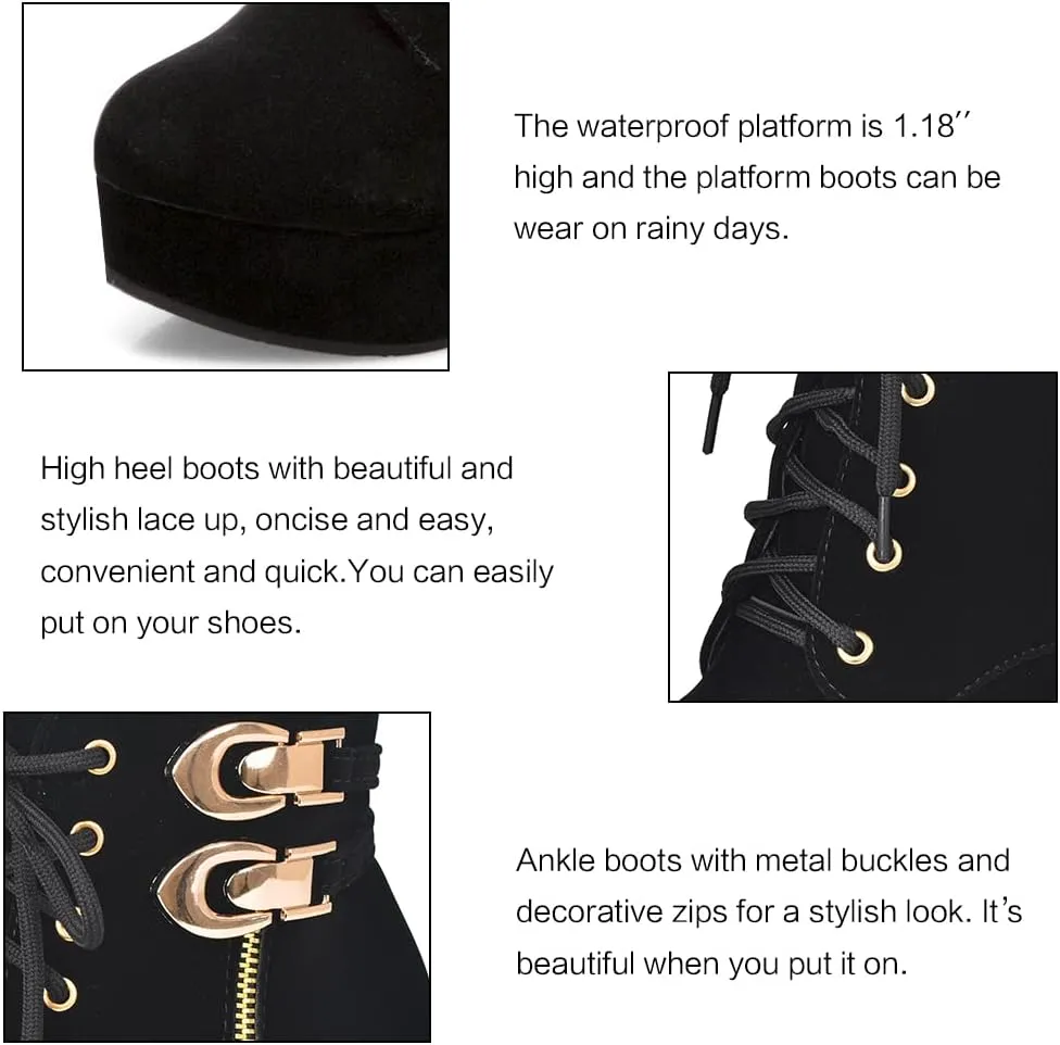 Susanny High Heel Boots for Women,Womens Platform Boot Heels Sexy Round Toe Lace UP High Heels Mid Calf Boots