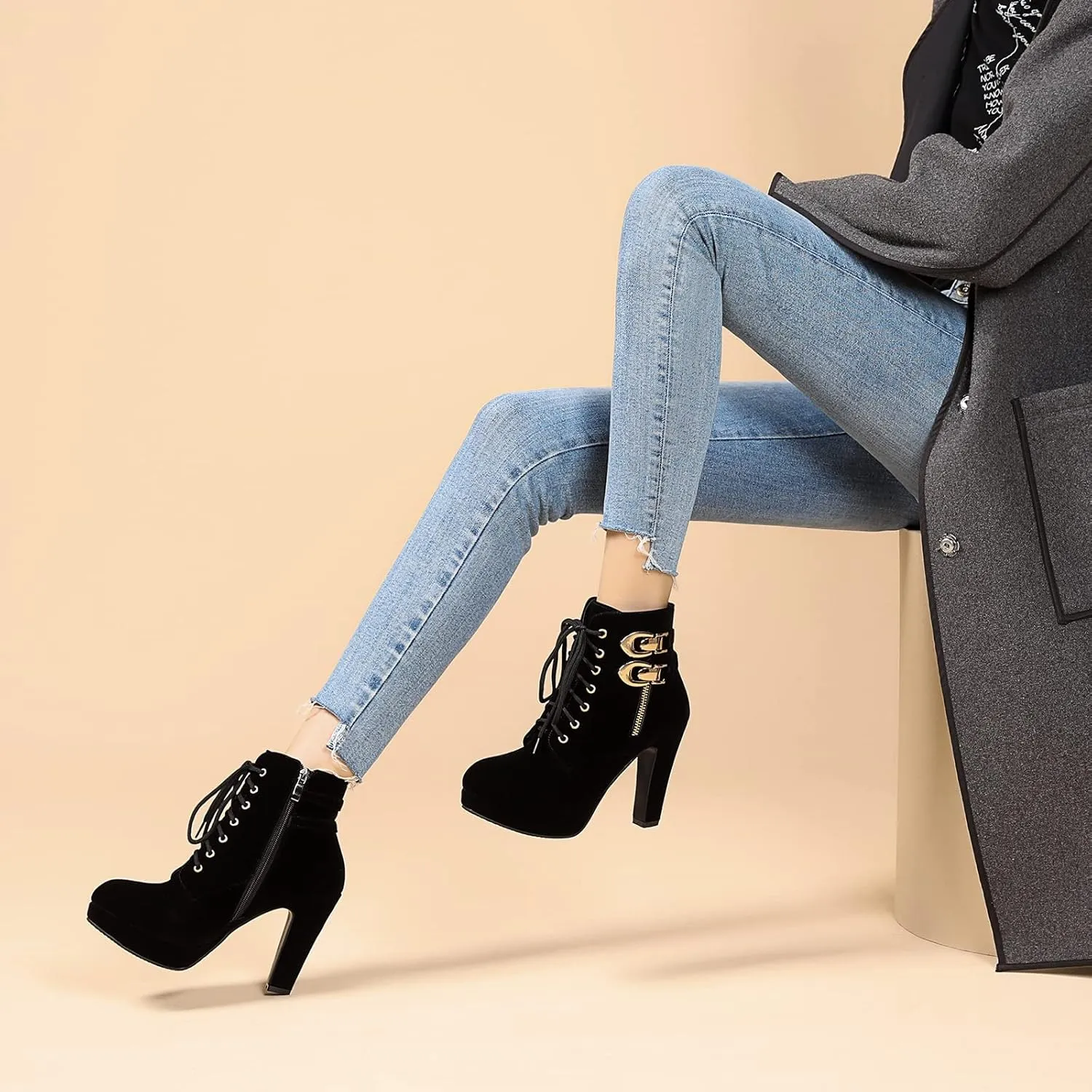 Susanny High Heel Boots for Women,Womens Platform Boot Heels Sexy Round Toe Lace UP High Heels Mid Calf Boots