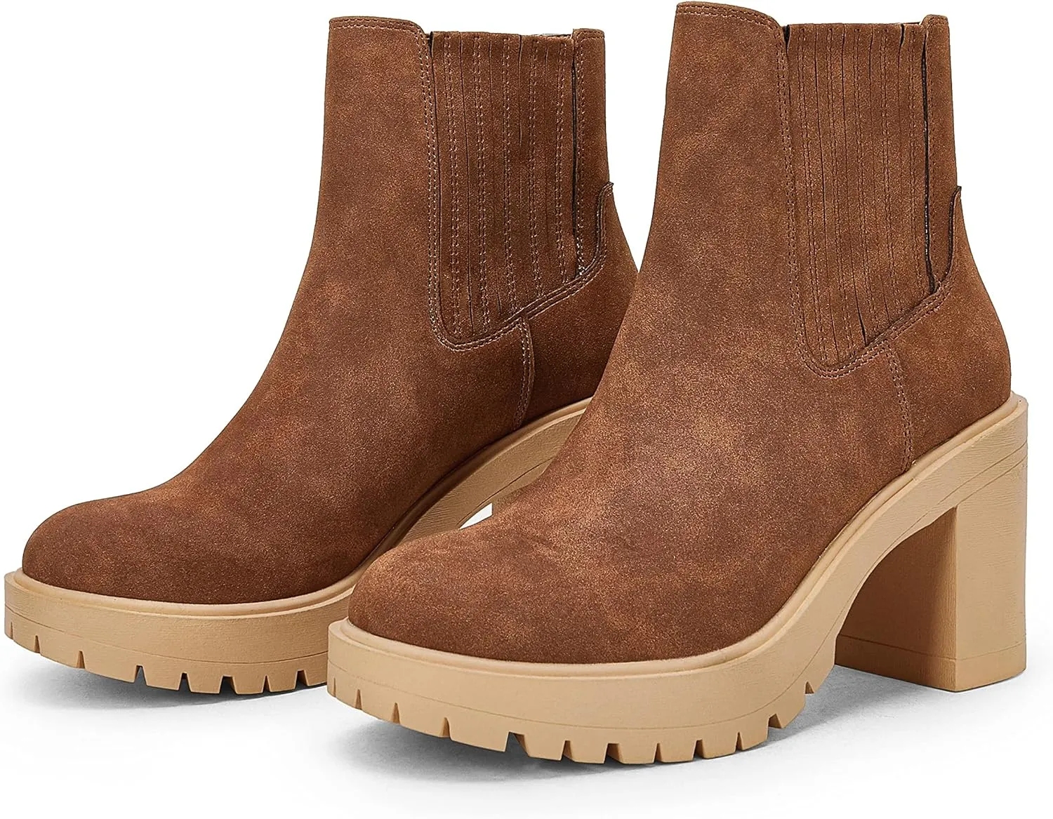 Syktkmx Womens Platform Chelsea Ankle Boots Lug Sole Chunky Block Heel Slip On Accordion High Top Western Booties
