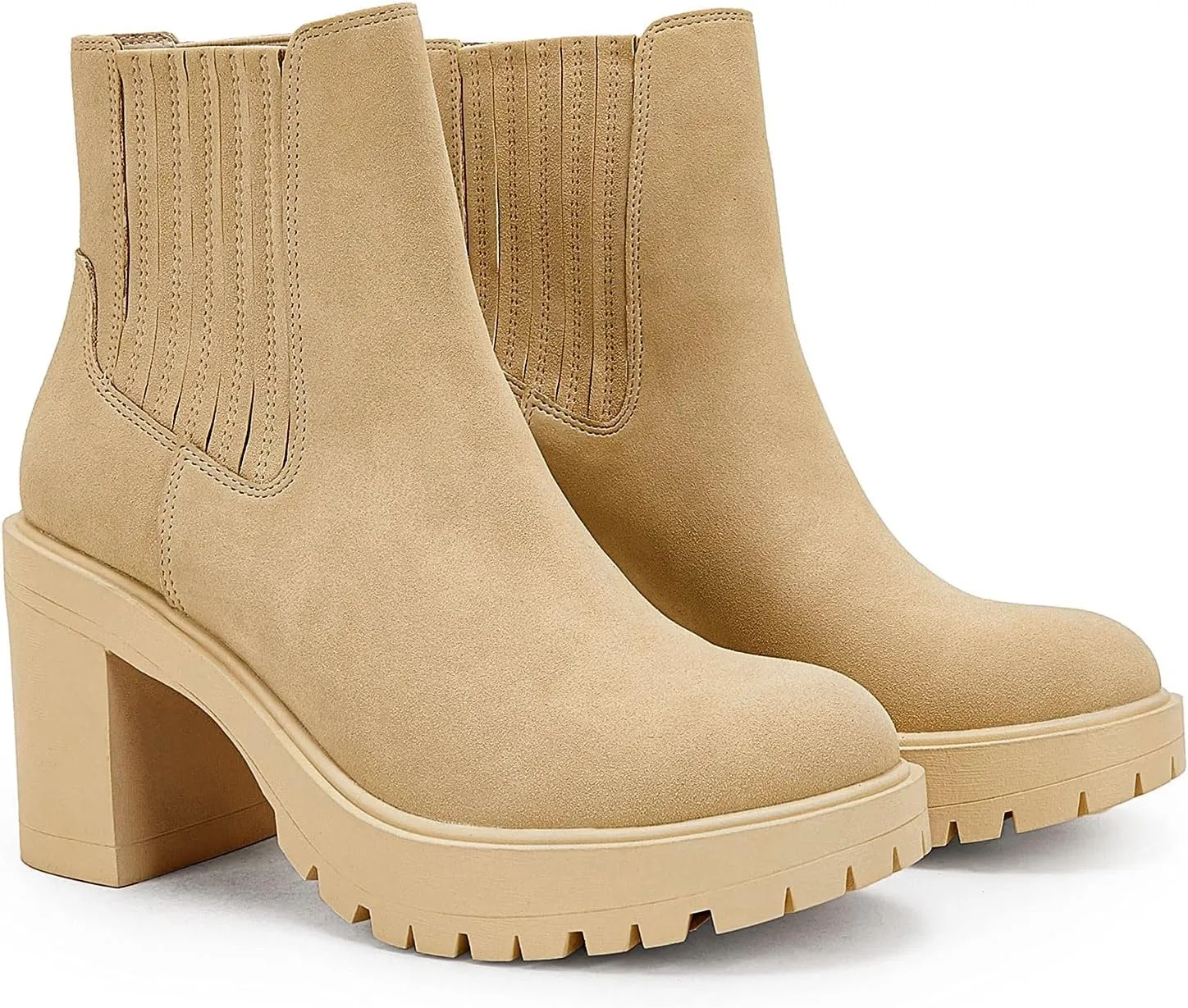 Syktkmx Womens Platform Chelsea Ankle Boots Lug Sole Chunky Block Heel Slip On Accordion High Top Western Booties