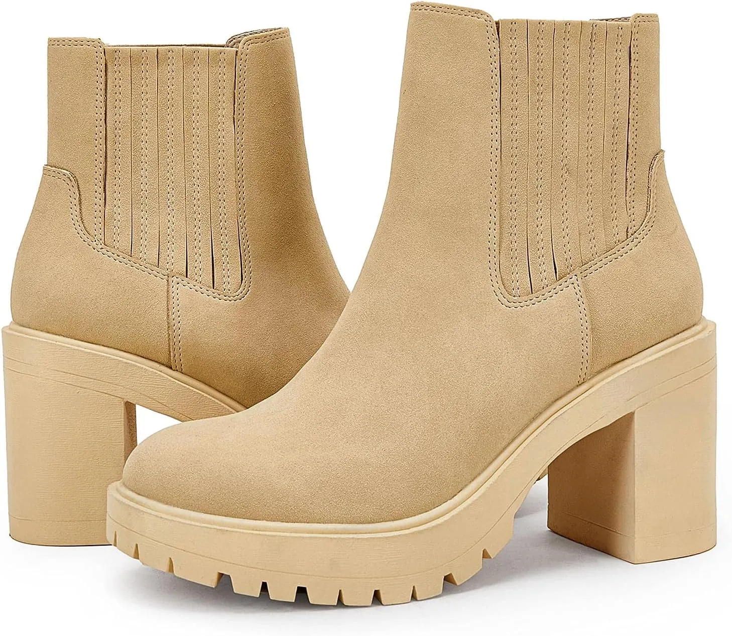 Syktkmx Womens Platform Chelsea Ankle Boots Lug Sole Chunky Block Heel Slip On Accordion High Top Western Booties