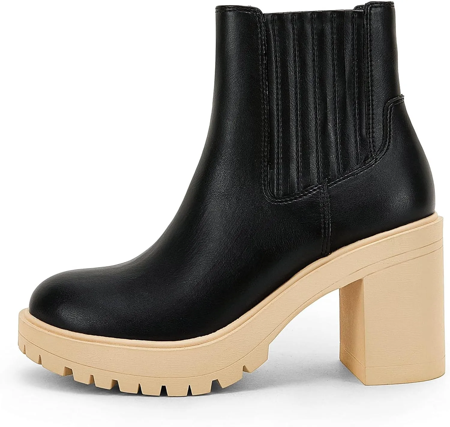 Syktkmx Womens Platform Chelsea Ankle Boots Lug Sole Chunky Block Heel Slip On Accordion High Top Western Booties