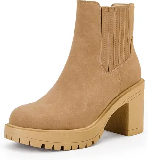 Syktkmx Womens Platform Chelsea Ankle Boots Lug Sole Chunky Block Heel Slip On Accordion High Top Western Booties