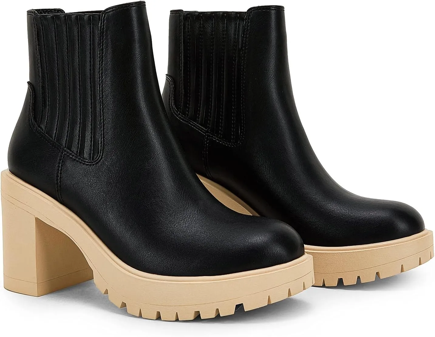 Syktkmx Womens Platform Chelsea Ankle Boots Lug Sole Chunky Block Heel Slip On Accordion High Top Western Booties
