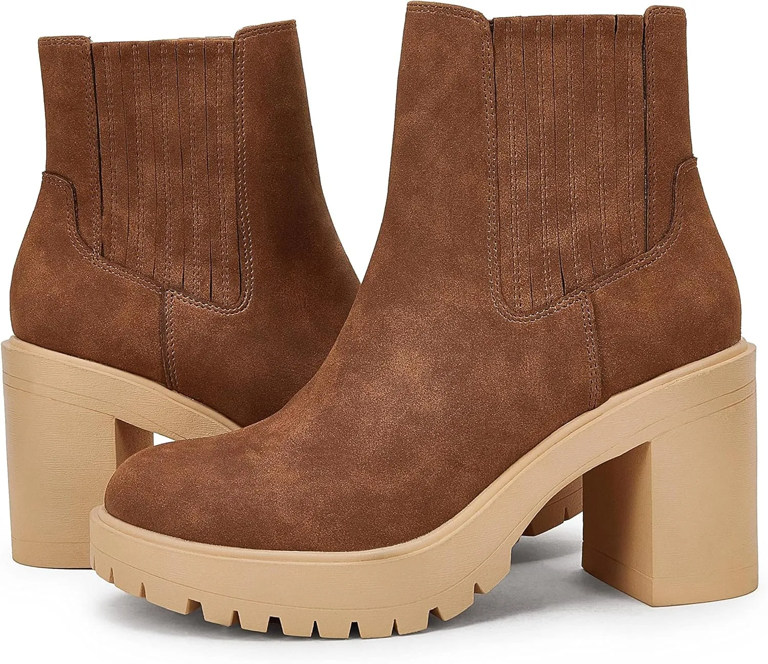 Syktkmx Womens Platform Chelsea Ankle Boots Lug Sole Chunky Block Heel Slip On Accordion High Top Western Booties