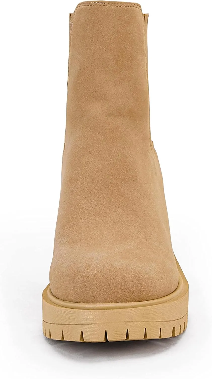 Syktkmx Womens Platform Chelsea Ankle Boots Lug Sole Chunky Block Heel Slip On Accordion High Top Western Booties