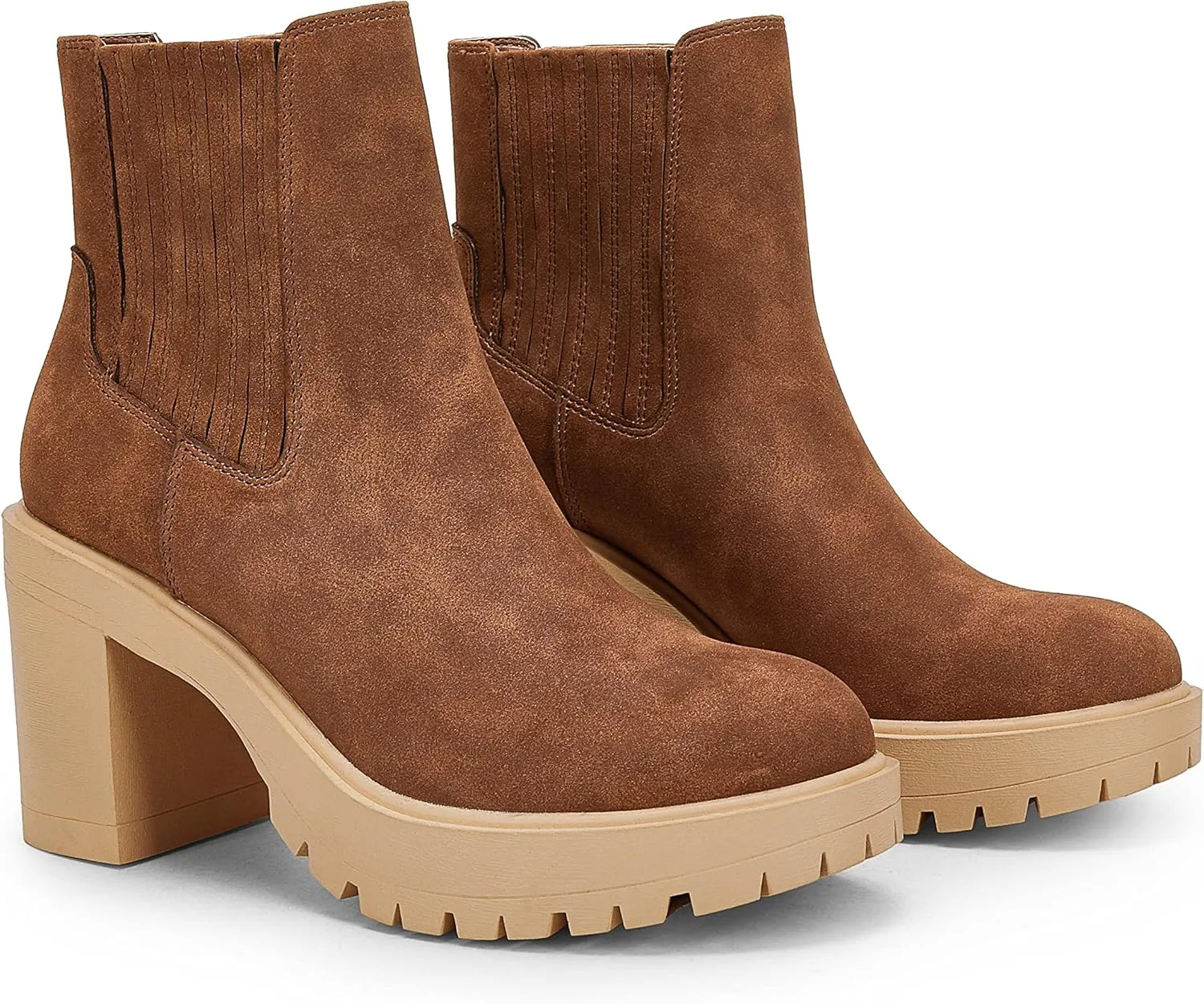 Syktkmx Womens Platform Chelsea Ankle Boots Lug Sole Chunky Block Heel Slip On Accordion High Top Western Booties