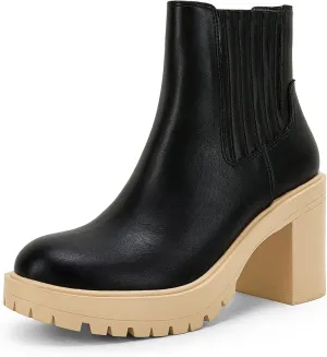 Syktkmx Womens Platform Chelsea Ankle Boots Lug Sole Chunky Block Heel Slip On Accordion High Top Western Booties