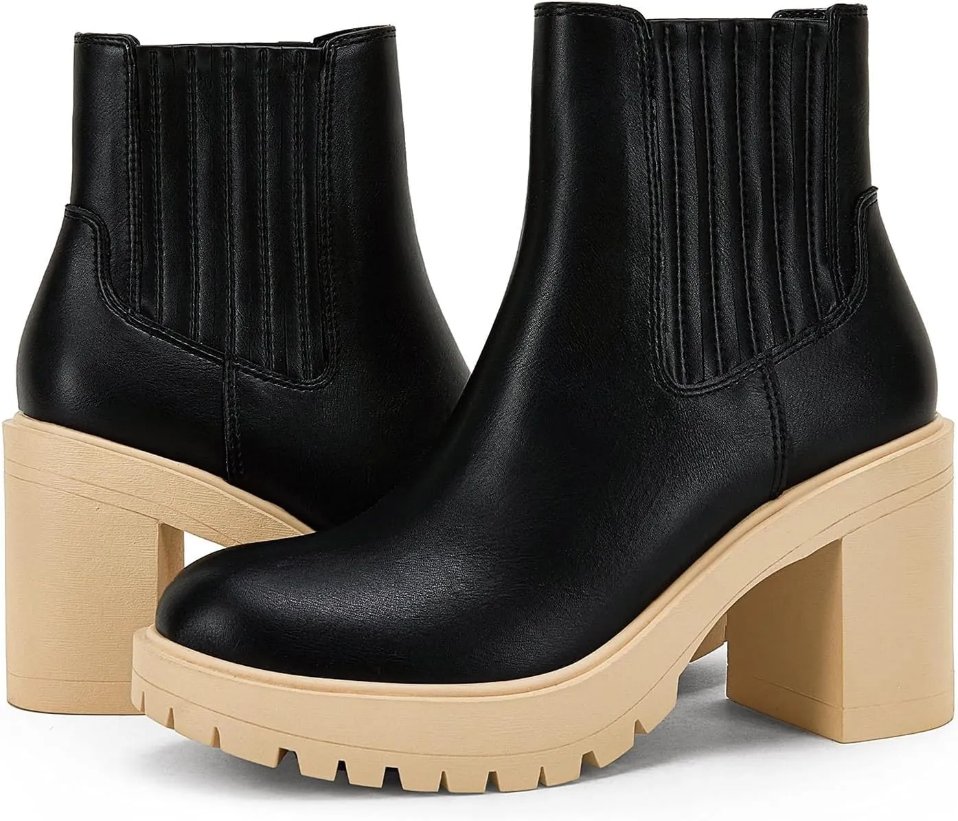 Syktkmx Womens Platform Chelsea Ankle Boots Lug Sole Chunky Block Heel Slip On Accordion High Top Western Booties