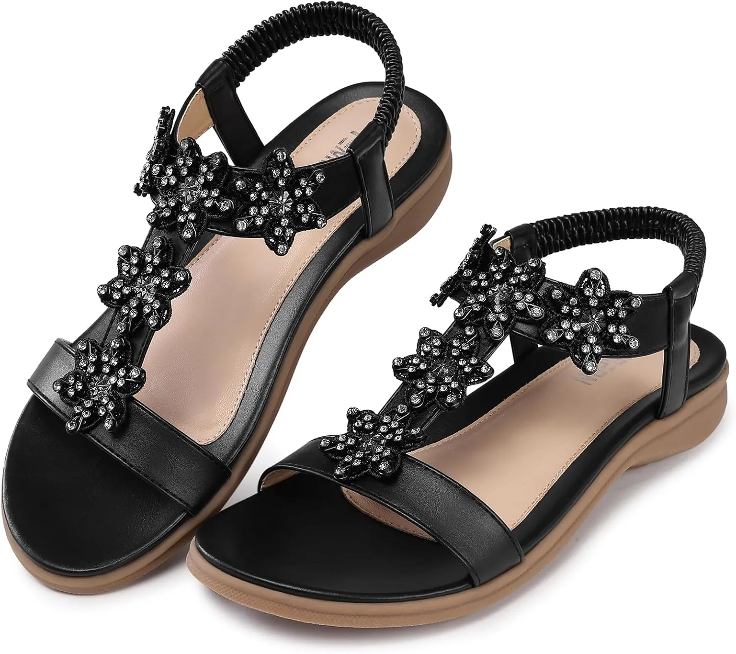 TEMOFON Flats Sandals for Women Dressy: Summer Elastic Ankle Strap Flat Sandals - Comfortable Beach Women