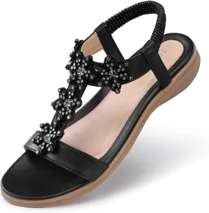TEMOFON Flats Sandals for Women Dressy: Summer Elastic Ankle Strap Flat Sandals - Comfortable Beach Women