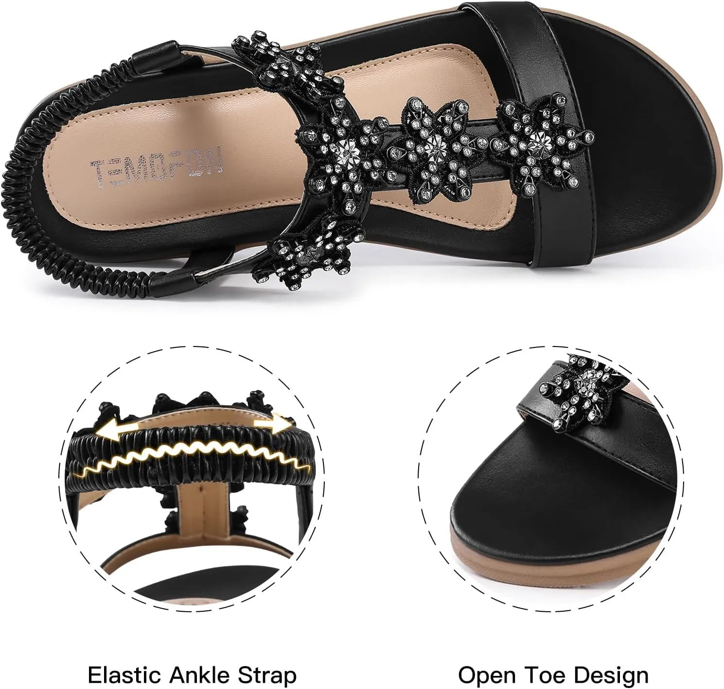 TEMOFON Flats Sandals for Women Dressy: Summer Elastic Ankle Strap Flat Sandals - Comfortable Beach Women