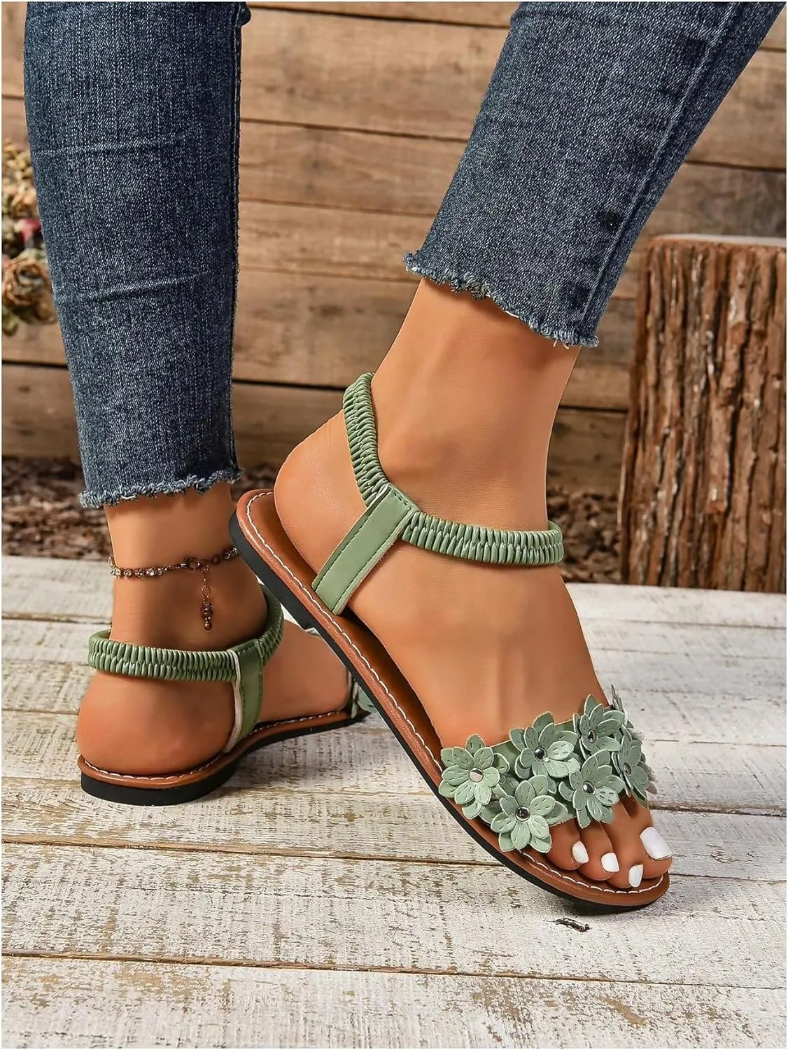 Verdusa Women's Summer Sandals Flower Leather Flat Sandals with Ankle Strap