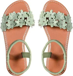 Verdusa Women's Summer Sandals Flower Leather Flat Sandals with Ankle Strap