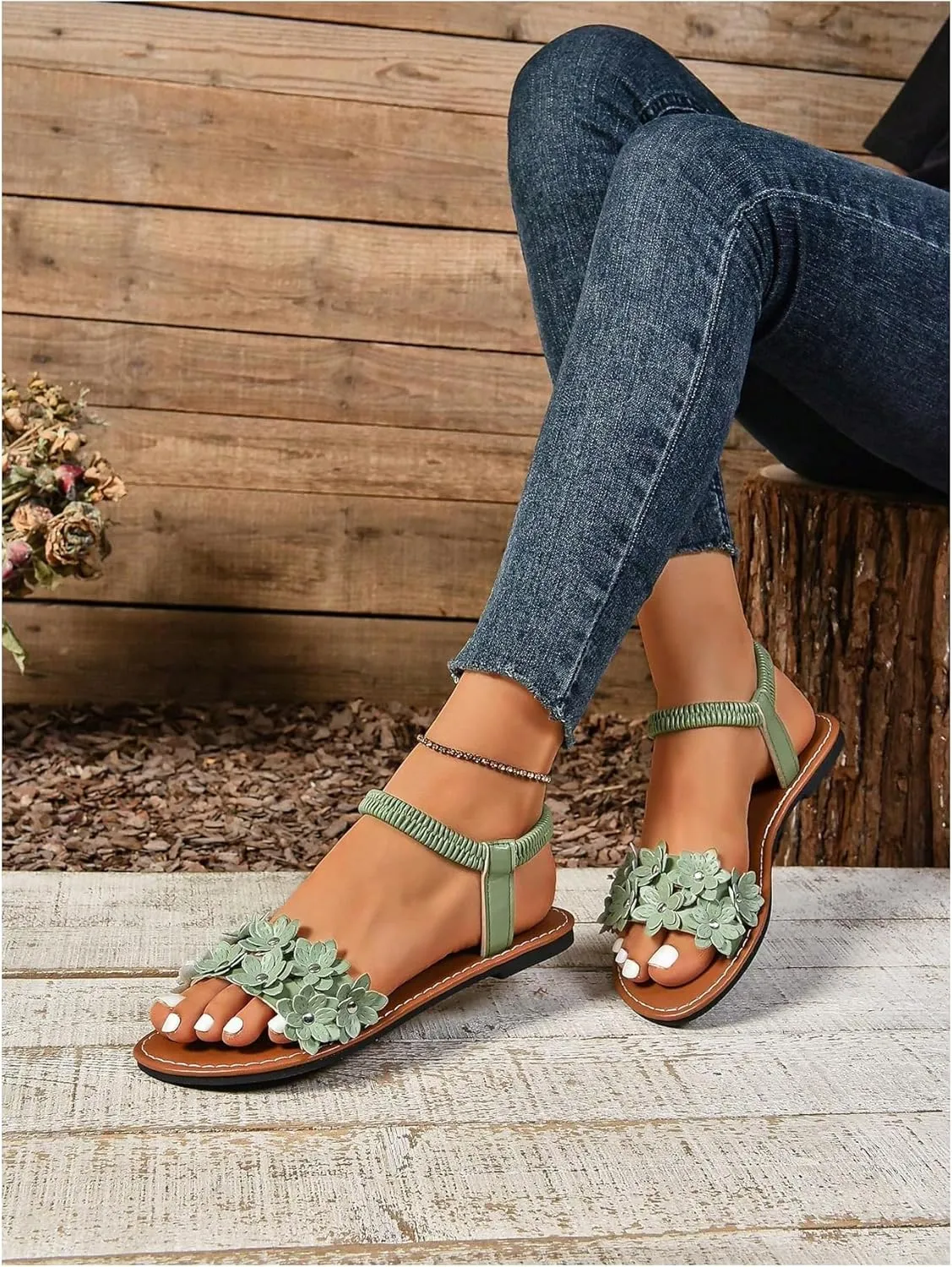 Verdusa Women's Summer Sandals Flower Leather Flat Sandals with Ankle Strap