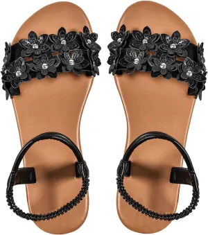 Verdusa Women's Summer Sandals Flower Leather Flat Sandals with Ankle Strap