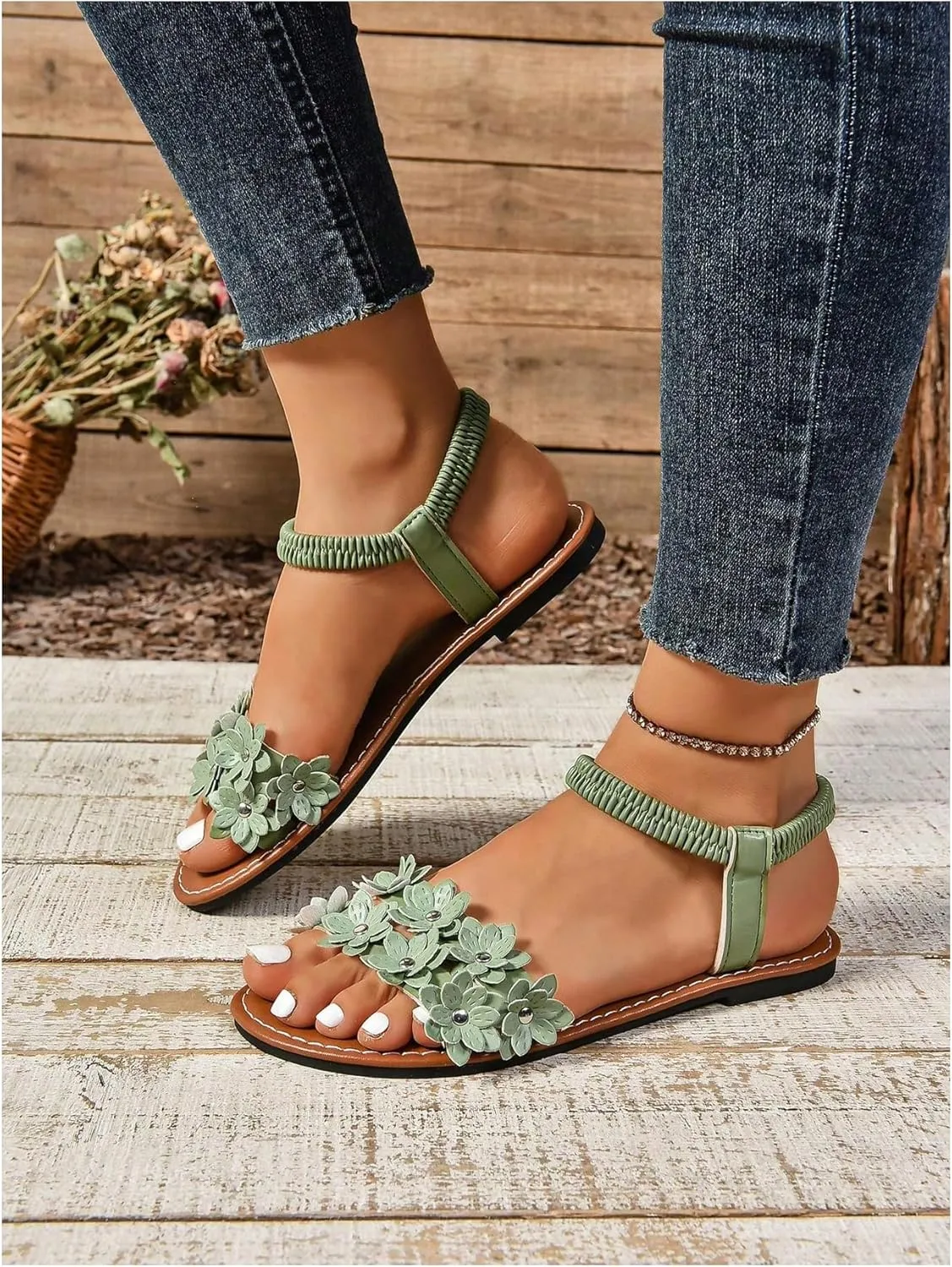 Verdusa Women's Summer Sandals Flower Leather Flat Sandals with Ankle Strap