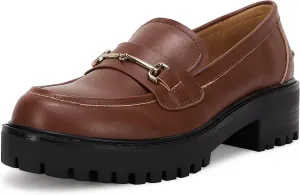 VETASTE Womens Lug Sole Platform Mid Chunky Heel Loafers Classic Round Toe Slip On Office Uniform Oxfords Shoes with Metal Chain