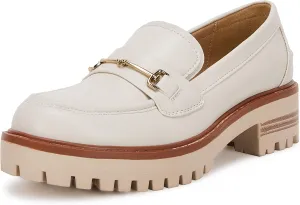 VETASTE Womens Lug Sole Platform Mid Chunky Heel Loafers Classic Round Toe Slip On Office Uniform Oxfords Shoes with Metal Chain